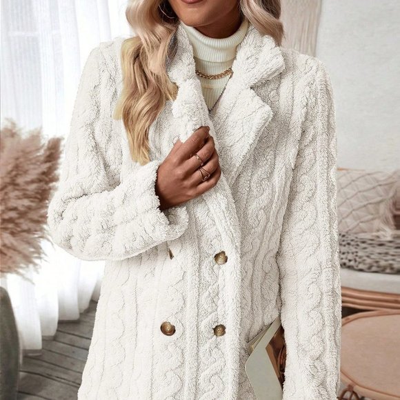 White Preppy Womens Double Breasted Lapel Neck Flannelette Coat - Picture 5 of 5